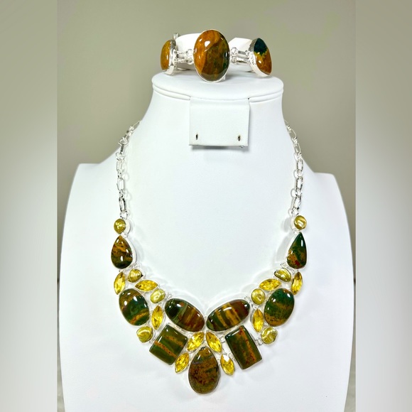 Bloodstone Citrine 925 Large Gemstone Necklace & Bracelet - Picture 1 of 8